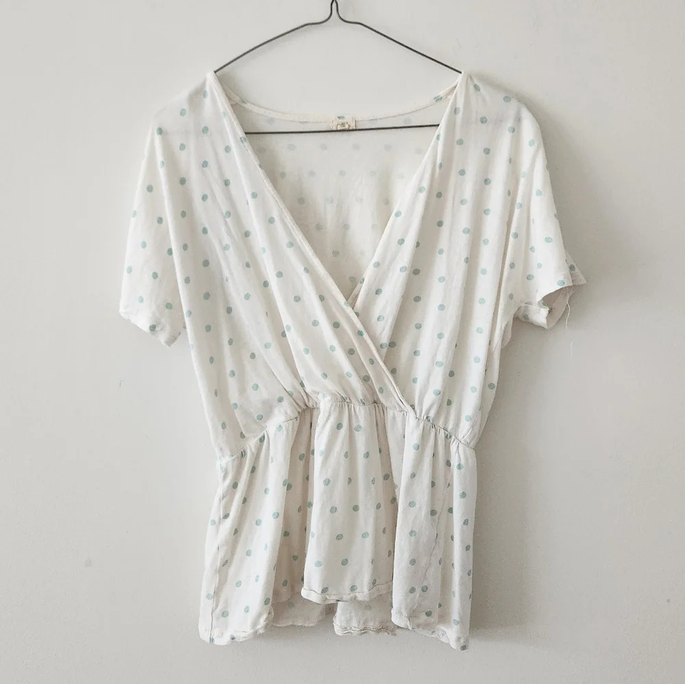 J. Crew Polka Dot Peplum Fit and Flare Blouse Top White Mint Green Small